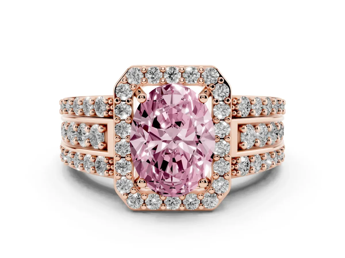 Fancy Pink Oval Cut Halo Diamond Ring with Round Split Shank and Prong Setting Rose gold
