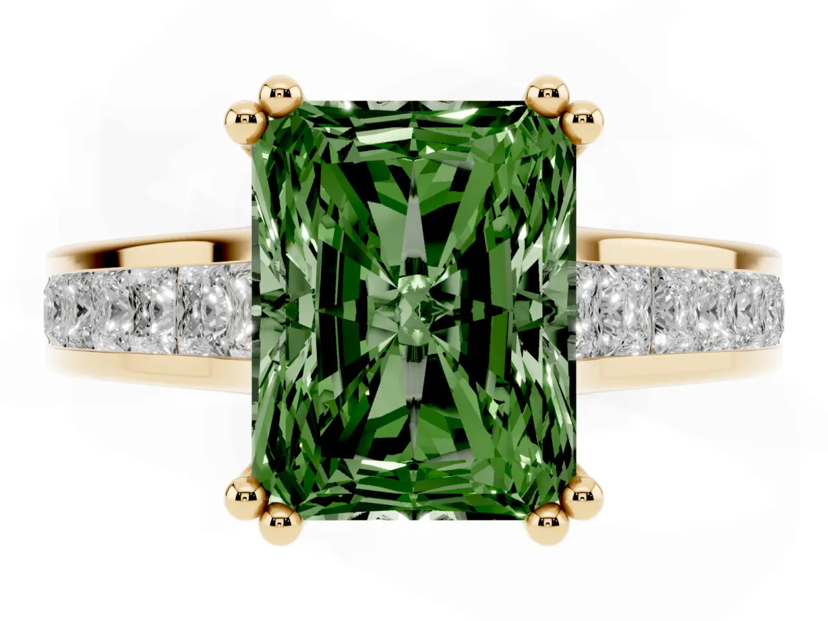 Fancy Green Radiant Cut Cut Channel Set Solitaire Engagement Ring with Prong Setting Yellow gold