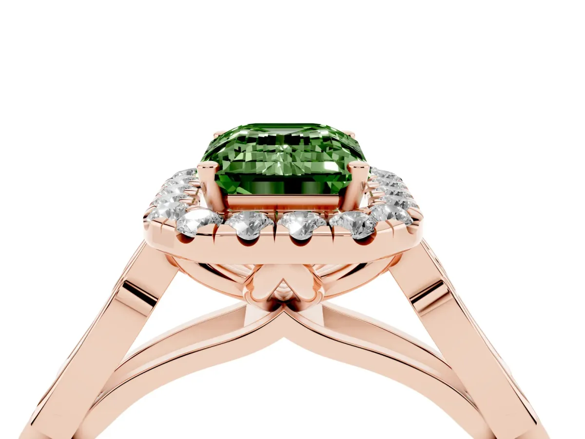 Fancy Green Emerald Cut Halo Diamond Engagement Ring with Filigree Band and Four-Prong Setting Rose gold