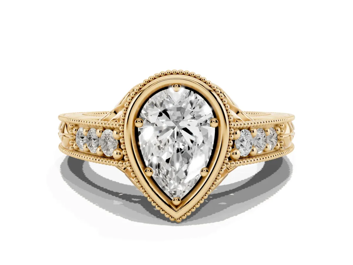 Bezel Set Pear Cut Diamond Milgrain Pave Engagement Ring Yellow gold