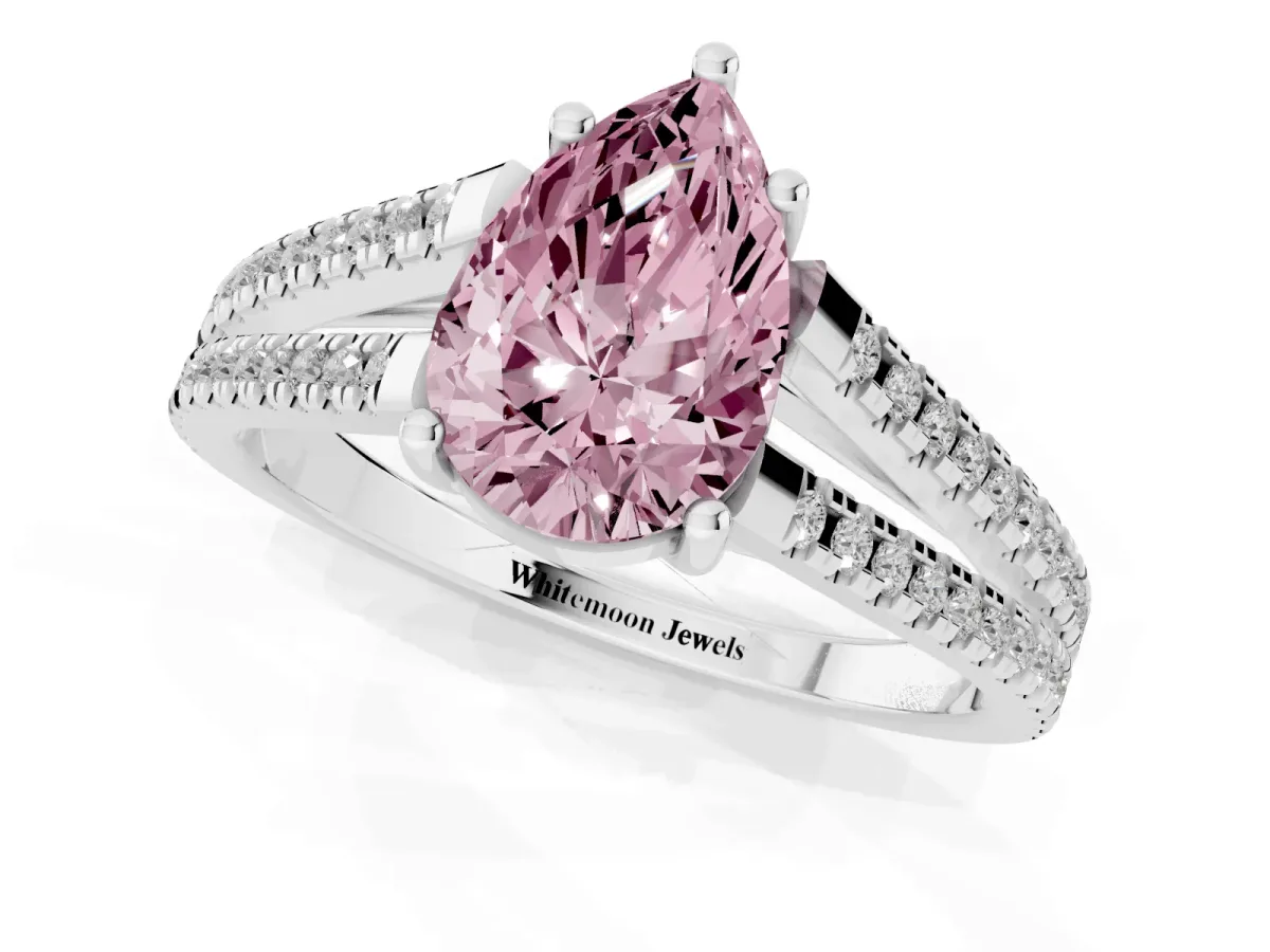 Fancy Pink Pear Cut Diamond Solitaire Engagement Ring with Split Shank Pavé Band Silver