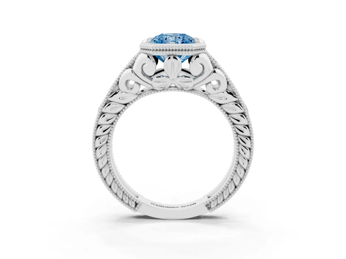 Fancy Blue Bezel Set Radiant Cut Diamond Milgrain Pave Engagement Ring Silver