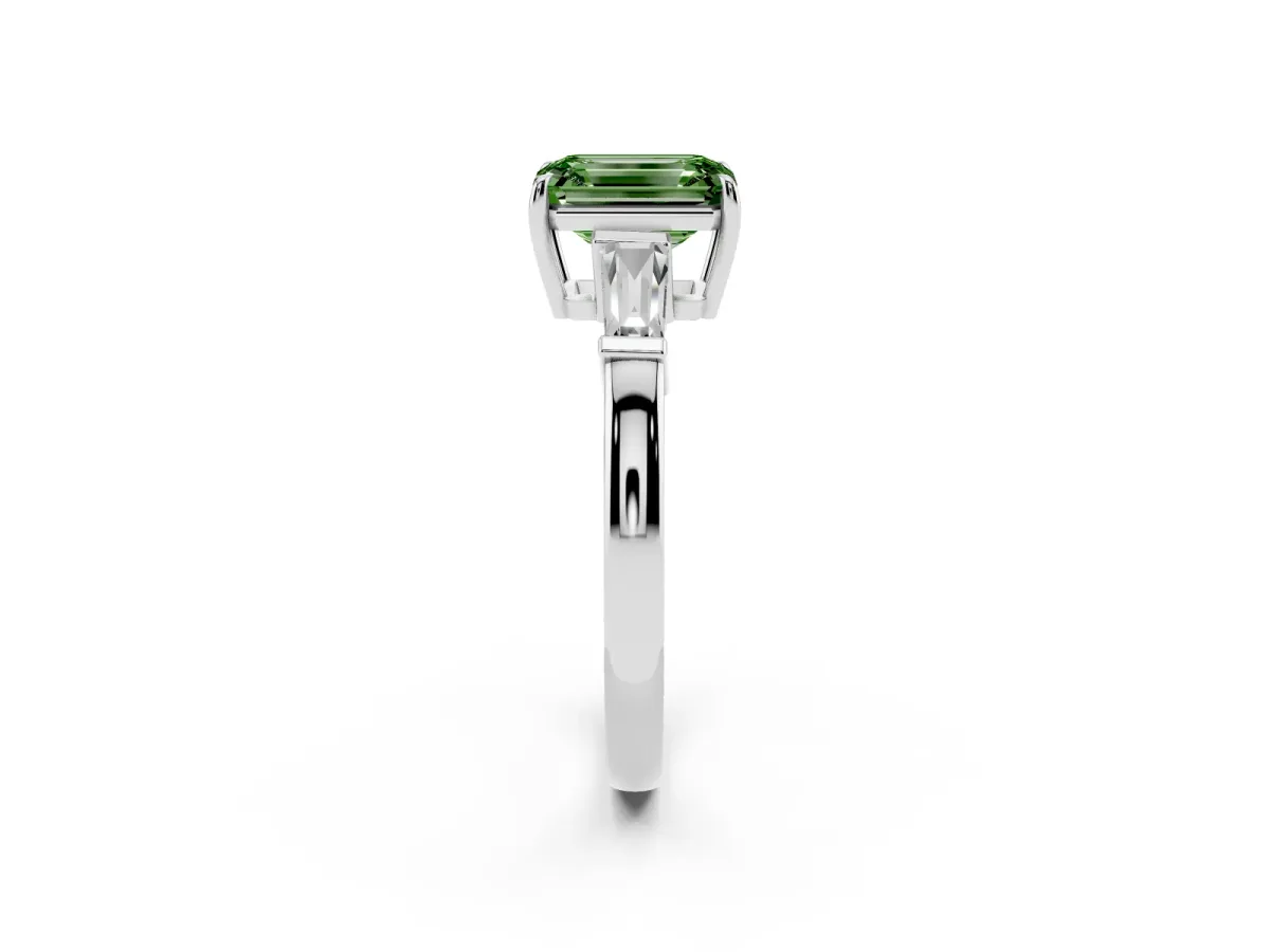 Fancy Green Emerald Cut Diamond Three-Stone Ring with Tapered Baguette Side Stones and Prong Setting Silver