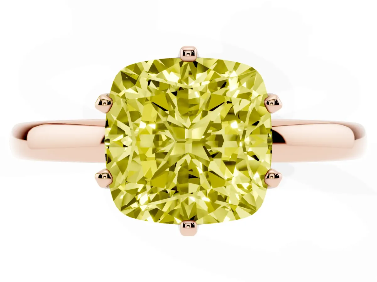 Fancy Yellow Cushion Cut Solitaire Diamond Ring with Six-Prong Setting on a Classic Band Rose gold