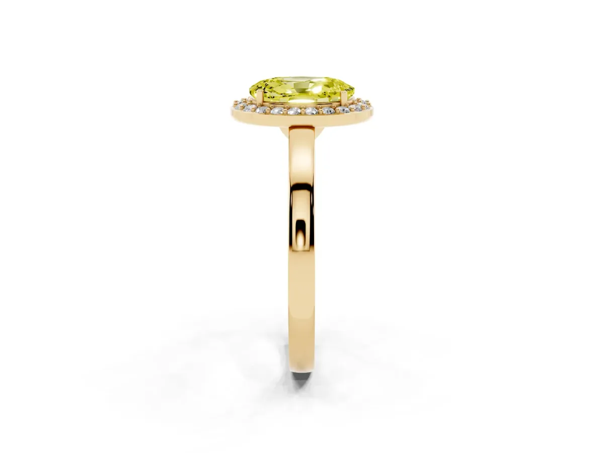 Fancy Yellow Oval Cut Halo Diamond Ring with Solitaire Band and Prong Setting Yellow gold