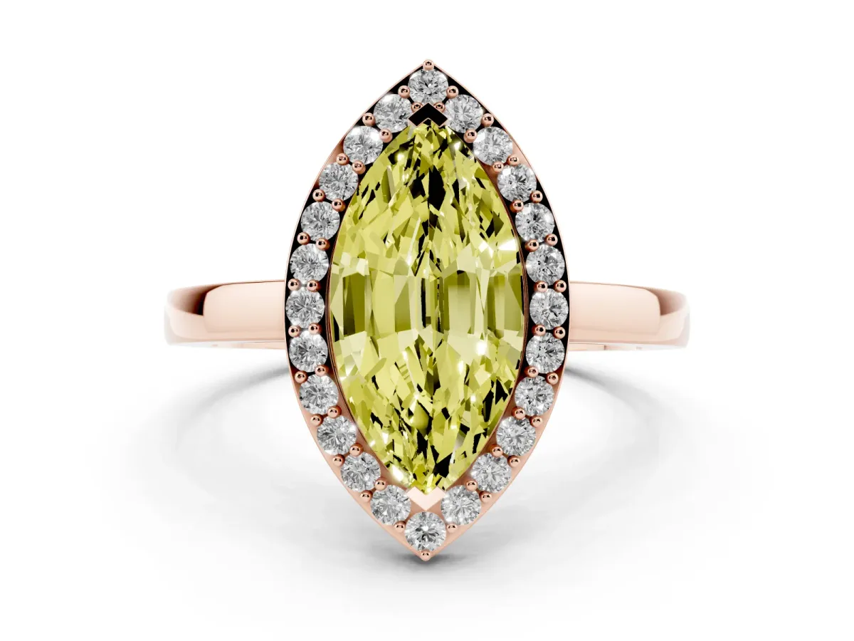 Fancy Yellow Marquise Cut Halo Diamond Ring with Solitaire Band and Prong Setting Rose gold