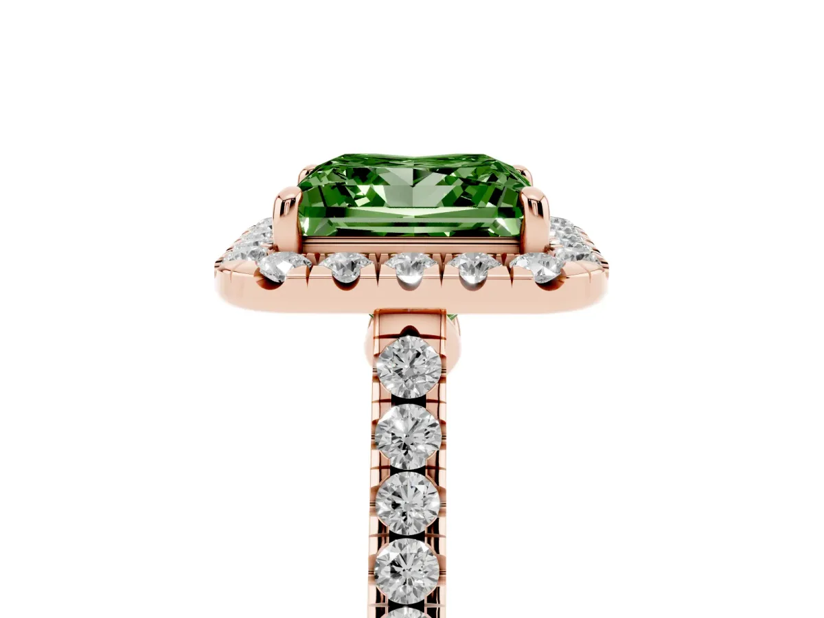 Fancy Green Princess Cut Halo Pave Diamond Engagement Ring with Four-Prong Setting Rose gold