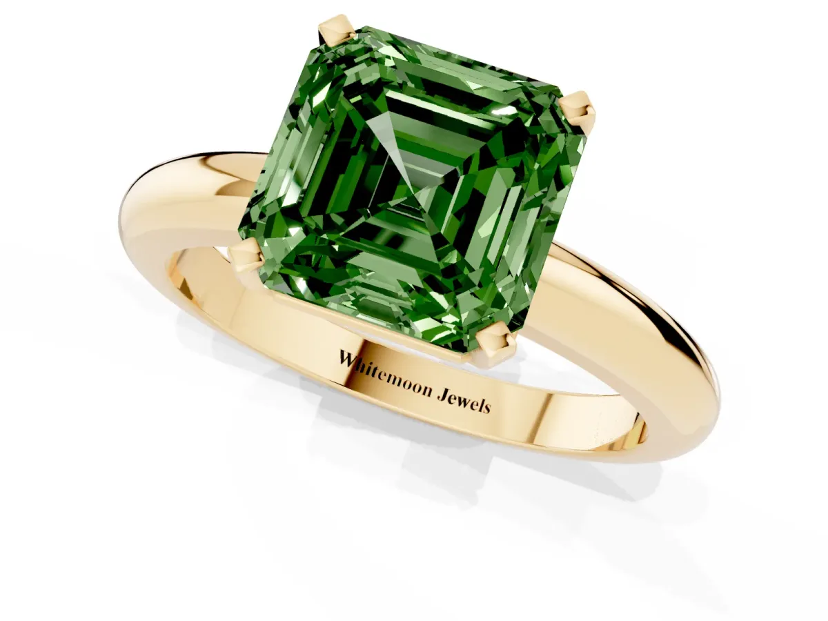 Fancy Green Asscher Cut Diamond Solitaire Engagement Ring with Round Band and Four-Prong Setting Yellow gold