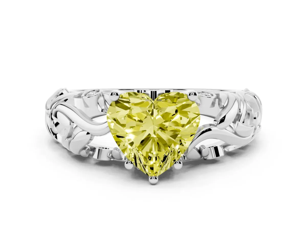 Fancy Yellow Heart Cut Solitaire Diamond Leaf-Inspired Vine Band Ring with Prong Setting Silver