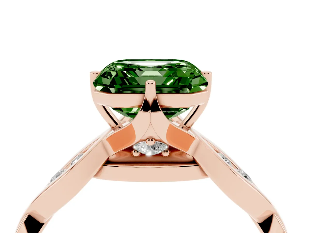 Fancy Green Asscher Cut Solitaire Twist Band with Leaf Prong Setting Rose gold