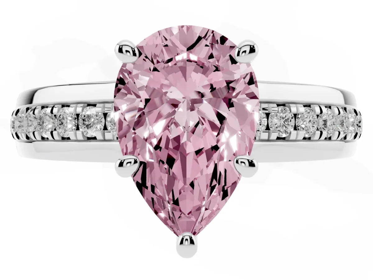 Fancy Pink Pear Cut Solitaire Diamond Ring with Channel Set Band and Six-Prong Setting Silver