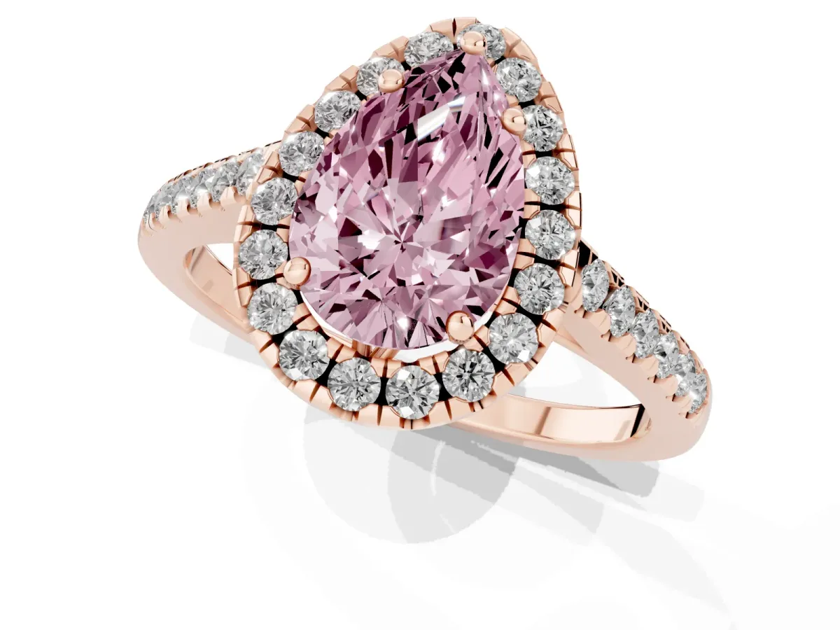 Fancy Pink Pear Cut Halo Pavé Diamond Engagement Ring with Four-Prong Setting Rose gold