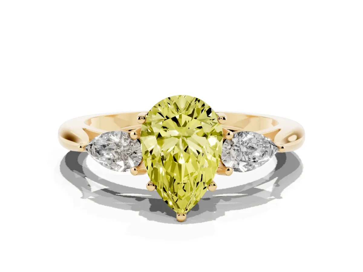 Fancy Yellow Three-Stone Pear Cut Brilliant Diamond Solitaire Ring with Tapered Band and Four-Prong Setting Yellow gold