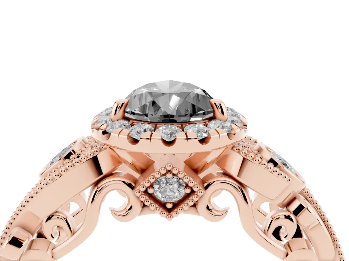 Fancy Black Pear Cut Halo Diamond Ring with Milgrain and Bezel Accents on a Split Shank Band Rose gold