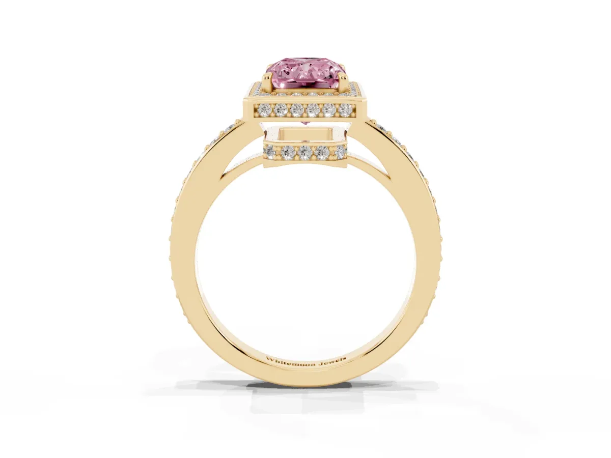 Fancy Pink Radiant Cut Halo Pave Band Solitaire Ring with Prong Setting Yellow gold