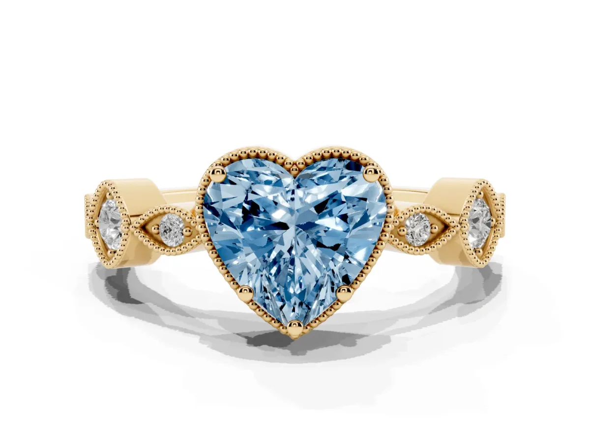 Fancy Blue Heart Cut Diamond Vintage Milgrain Ring with Round Stations Yellow gold