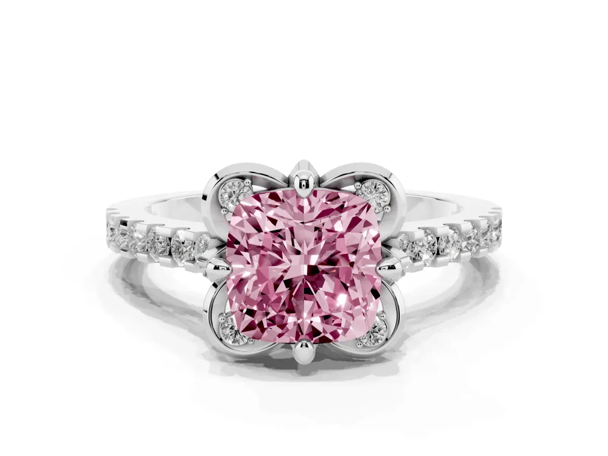Fancy Pink Cushion Cut Diamond Ring with Pavé Band and Floral Prong Setting Platinum