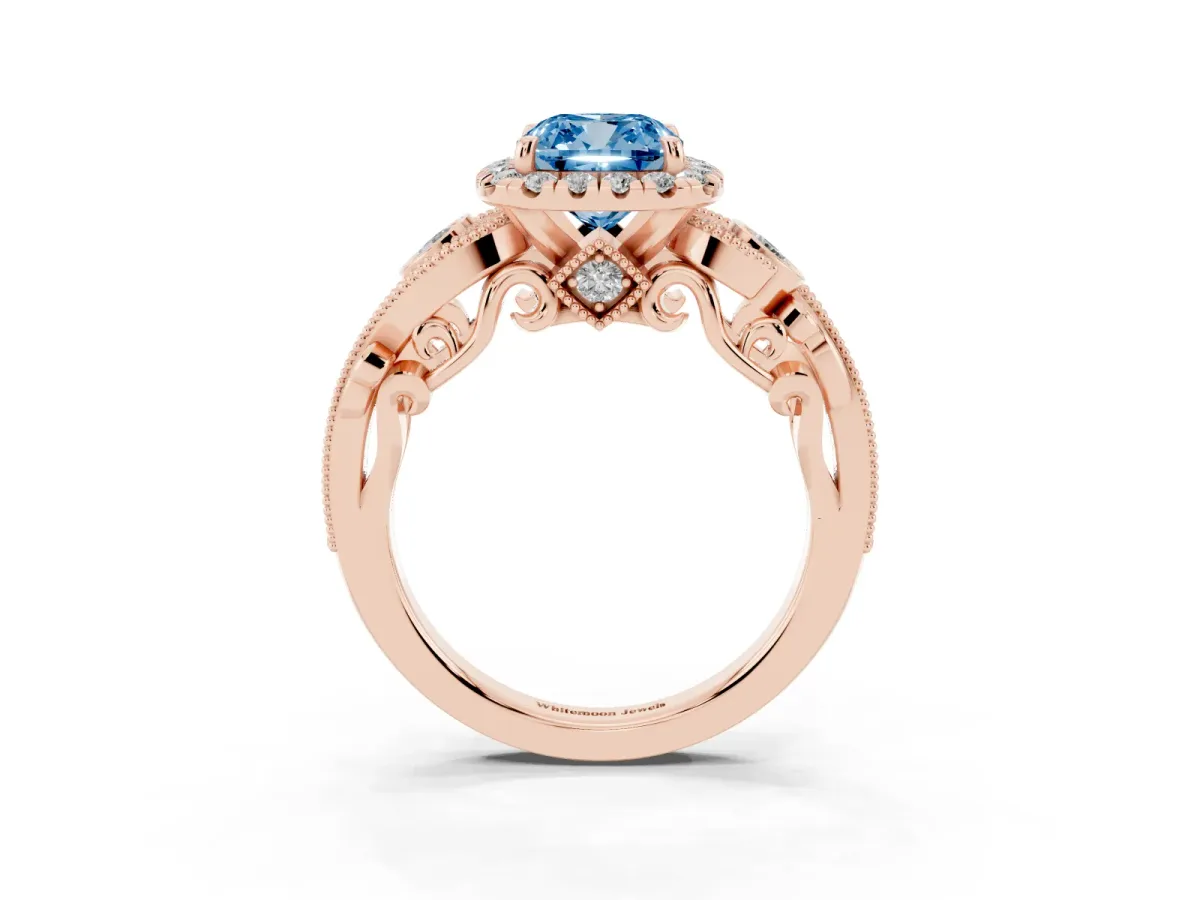 Fancy Blue Cushion Cut Diamond Halo Ring with Milgrain Pavé Band and Four-Prong Setting Rose gold