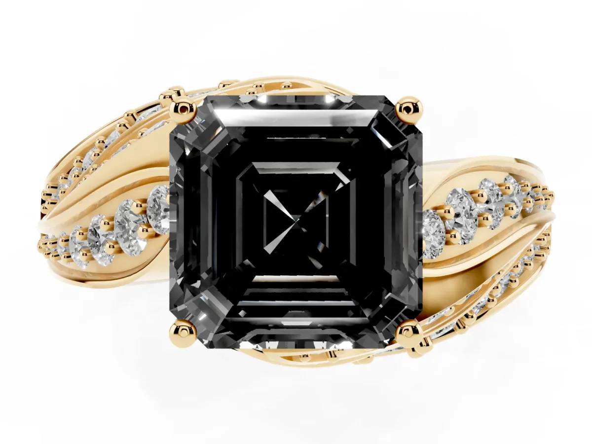 Fancy Black Asscher Cut Diamond Solitaire Ring with Prong Setting and Twisted Pavé Band Yellow gold