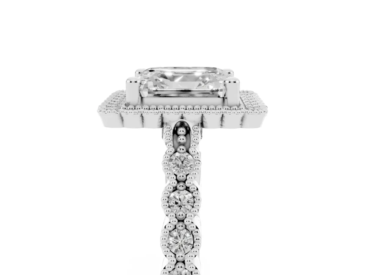 Asscher Cut Cut Halo Pavé Solitaire Ring with Milgrain Band Silver