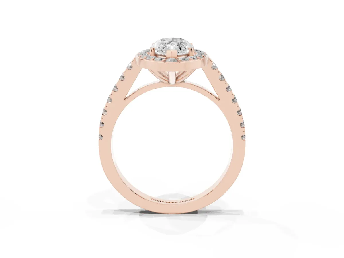 Marquise Cut Diamond Halo Ring with Round Pavé Split Shank and Prong Setting Rose gold