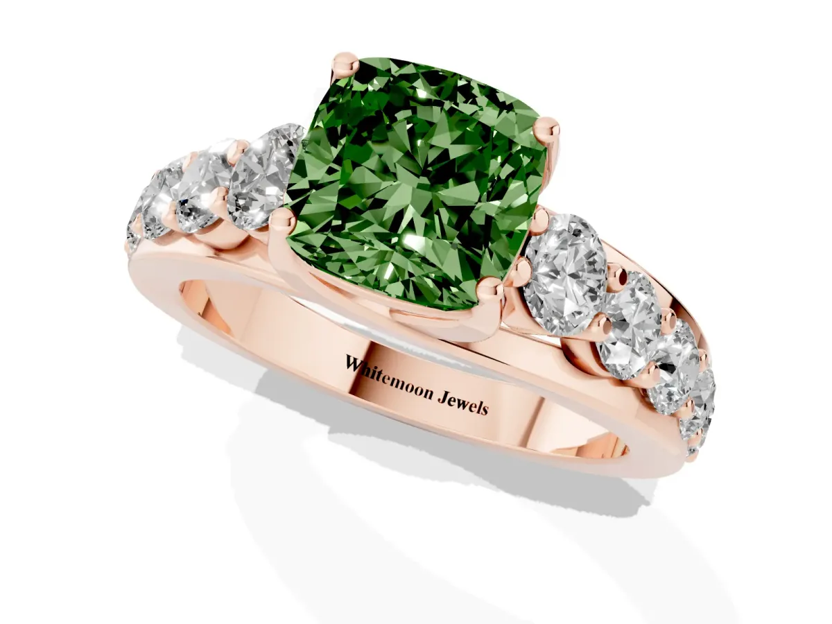 Fancy Green Cushion Cut Diamond Engagement Ring with Pavé Band and Four-Prong Setting Rose gold