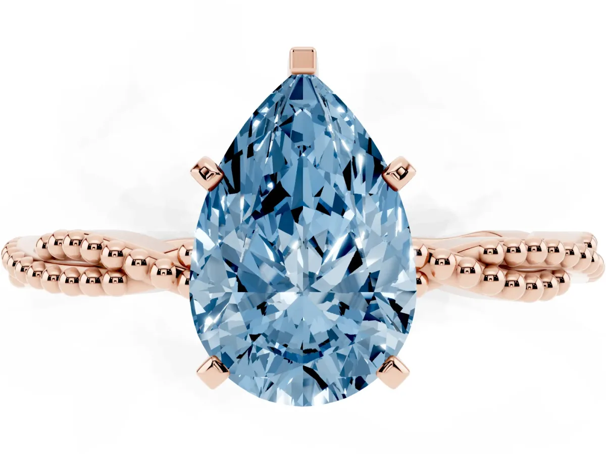 Fancy Blue Pear Cut Solitaire Twisted Band with Bead Prong Setting Rose gold