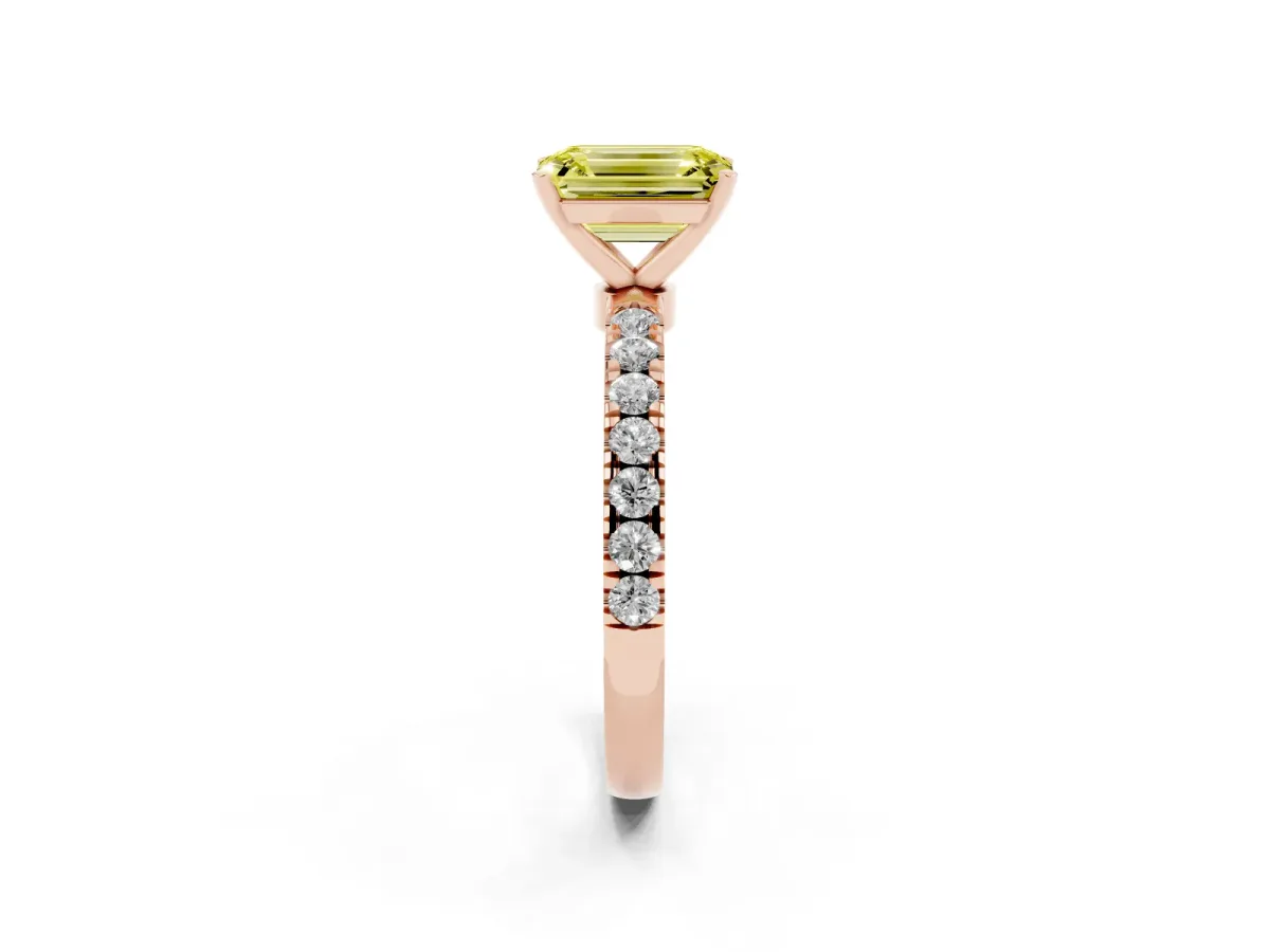 Fancy Yellow Emerald Cut Diamond Solitaire Ring with Pavé Accents and Four-Prong Setting Rose gold