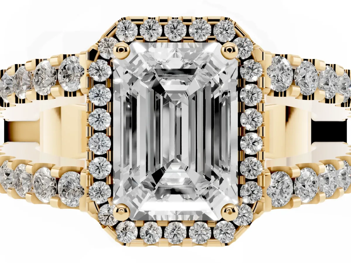Emerald Cut Cut Halo Split Shank Diamond Ring with Four-Prong Setting Yellow gold