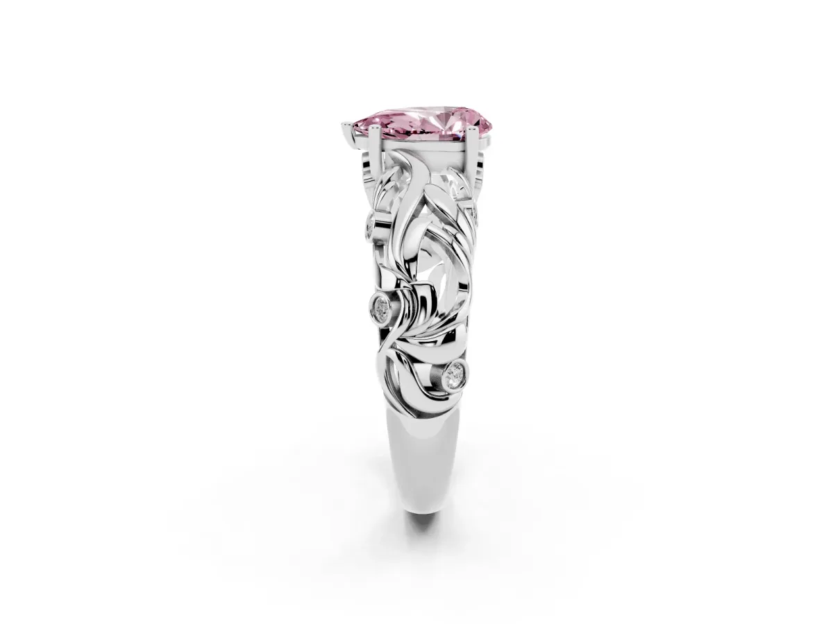 Fancy Pink Pear Cut Solitaire Diamond Leaf-Inspired Vine Band Ring with Prong Setting Silver