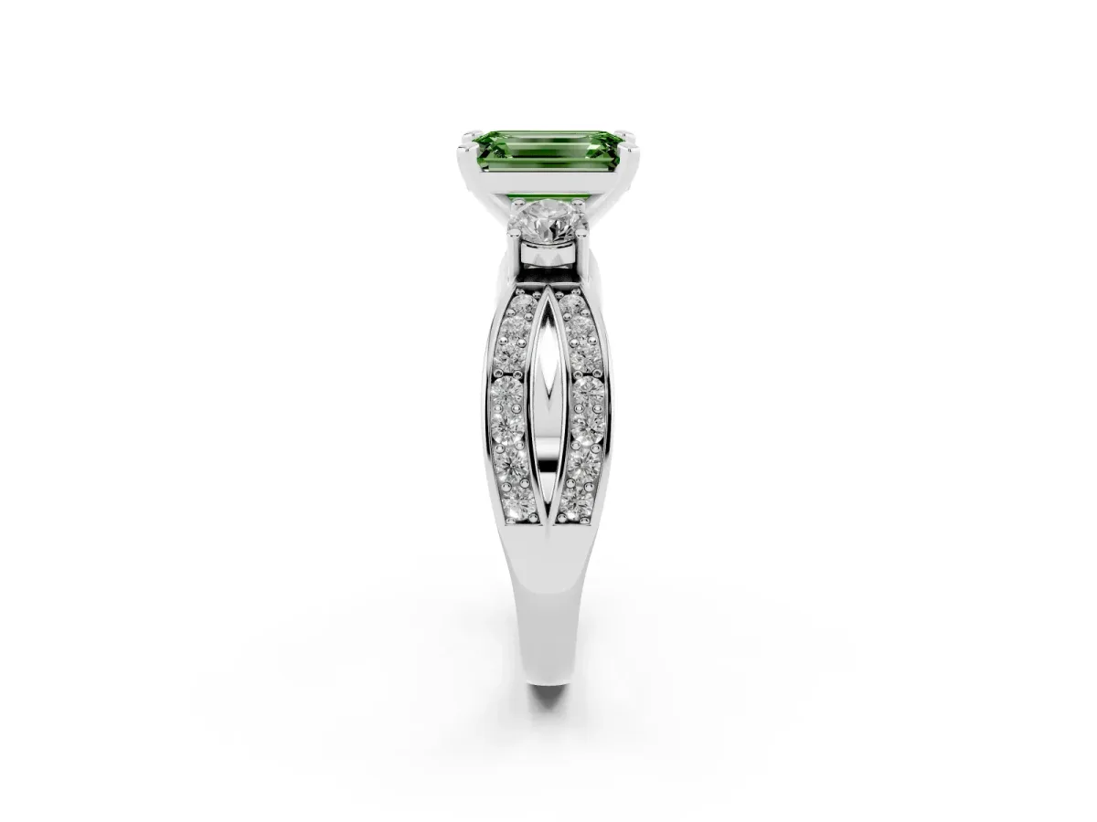 Fancy Green Three-Stone Emerald Cut Cut Diamond Twist Band with Prong Setting Platinum