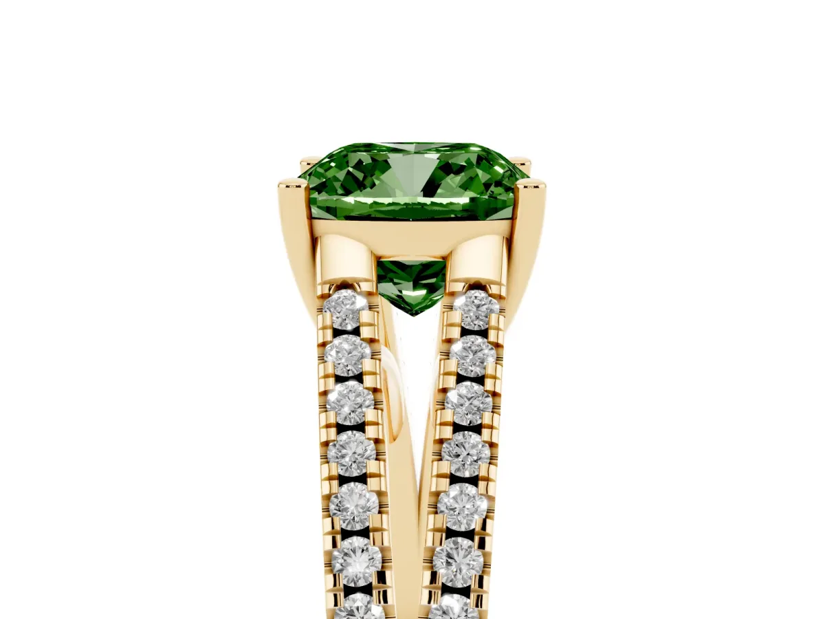Fancy Green Cushion Cut Diamond Solitaire Engagement Ring with Split Shank Pavé Band Yellow gold