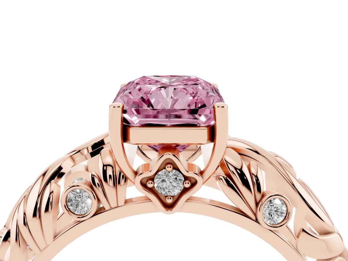 Fancy Pink Radiant Cut Solitaire Diamond Leaf-Inspired Vine Band Ring with Prong Setting Rose gold