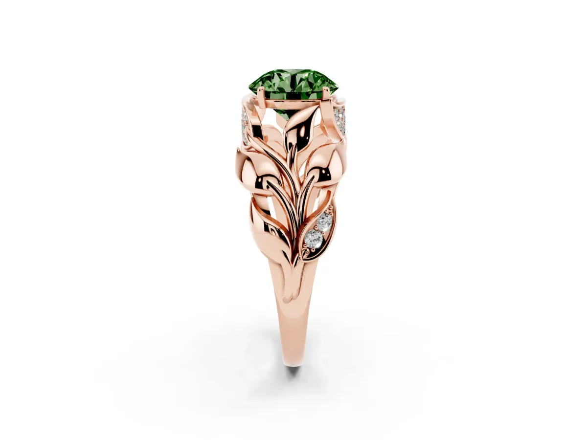Fancy Green Round Cut Diamond Leaf-Inspired Engagement Ring with Round Accents and Prong Setting Rose gold