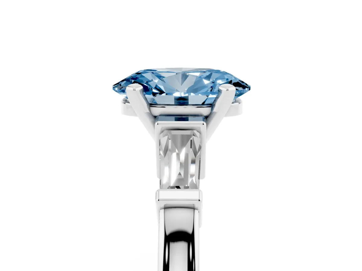 Fancy Blue Oval Cut Cut Diamond Solitaire Ring with Tapered Baguette Accents and Four-Prong Setting White gold