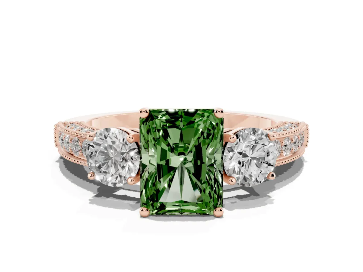 Fancy Green Radiant Cut Three-Stone Diamond Ring with Pavé Band and Four-Prong Setting Rose gold