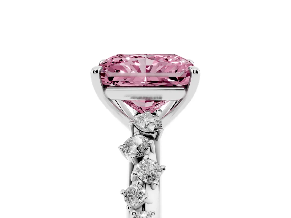 Fancy Pink Radiant Cut Diamond Cluster Side Stone Solitaire Ring with Prong Setting Platinum