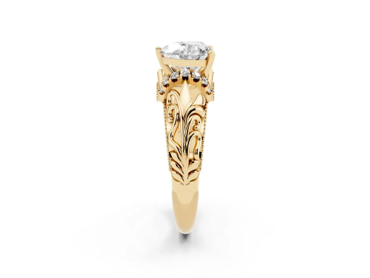 Heart Cut Solitaire Filigree Engagement Ring with Halo and Prong Setting Yellow gold