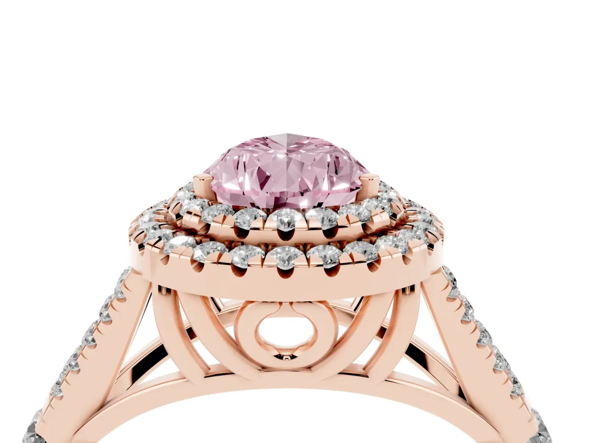 Fancy Pink Double Halo Pear Cut Diamond Split Shank Engagement Ring with Four-Prong Setting Rose gold