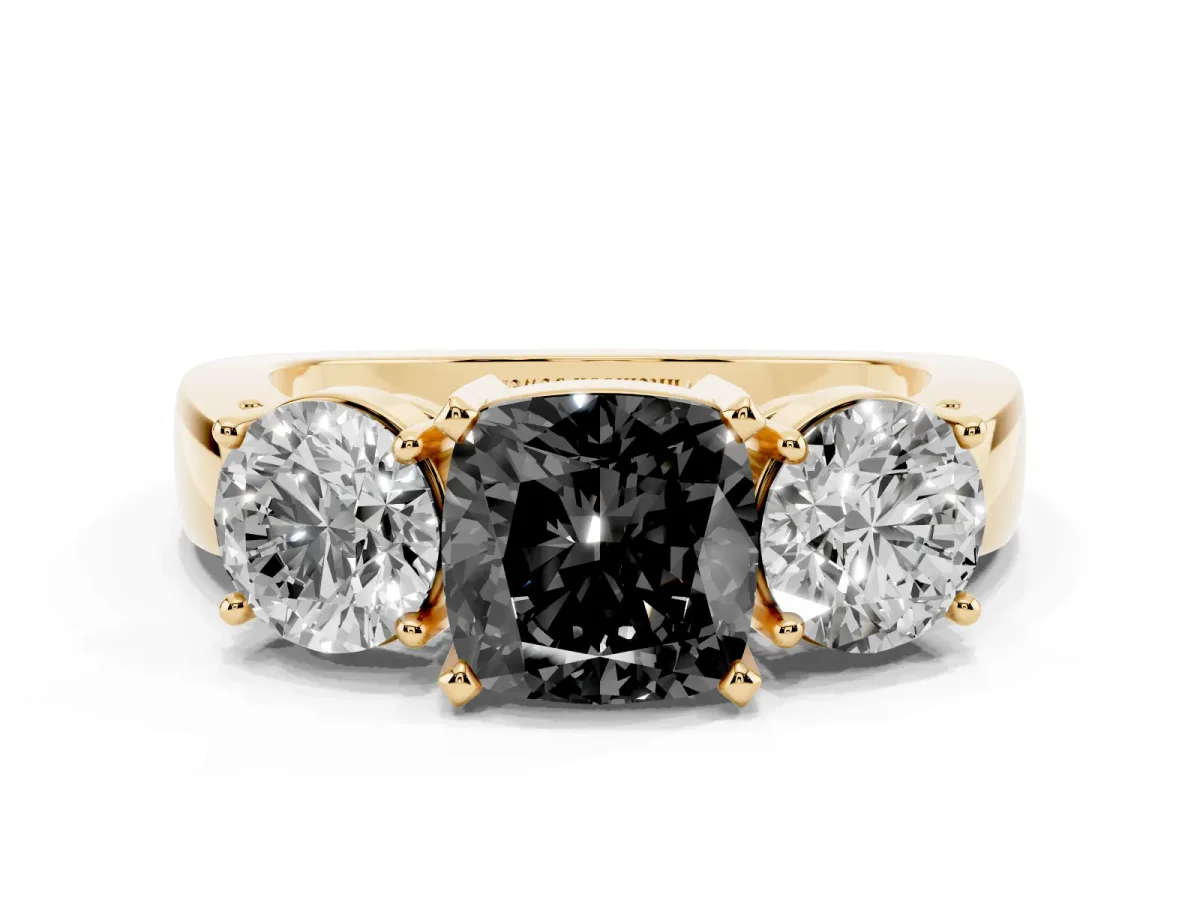 Fancy Black Three-Stone Cushion Cut Diamond Ring with Round Side Stones, Classic Band, and Four-Prong Setting Yellow gold