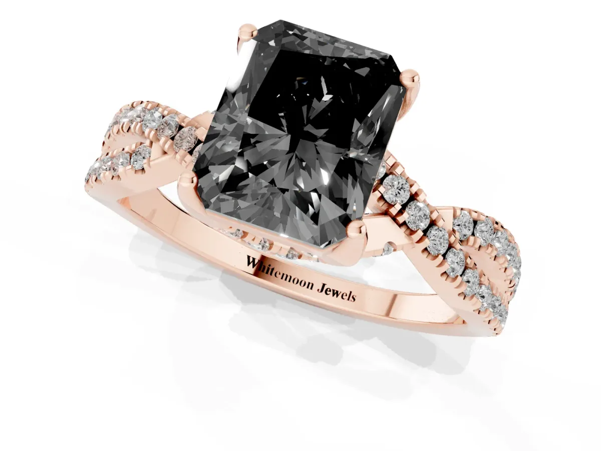 Fancy Black Radiant Cut Solitaire Twist Pave Diamond Engagement Ring with Prong Setting Rose gold