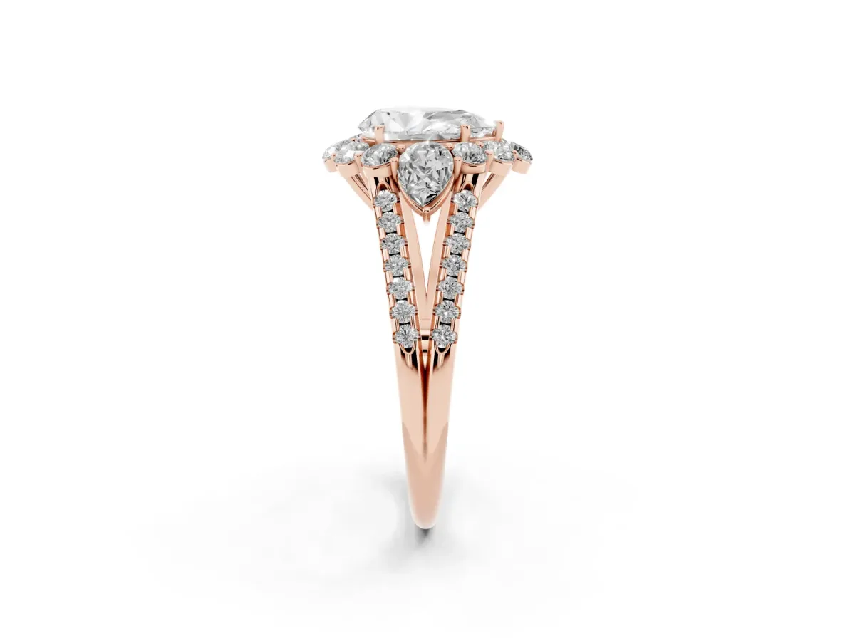 Pear Cut Halo Split Shank Diamond Engagement Ring with Prong Setting Rose gold
