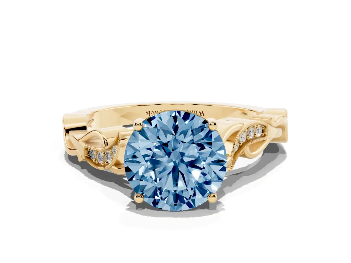 Fancy Blue Round Cut Solitaire Vine Band with Milgrain Prong Setting Yellow gold