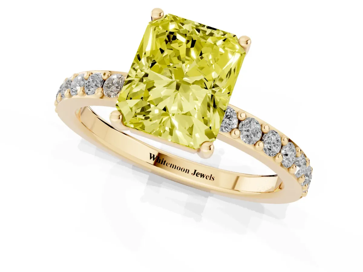 Fancy Yellow Radiant Cut Cut Diamond Solitaire with Pave Band and Four-Prong Setting Yellow gold