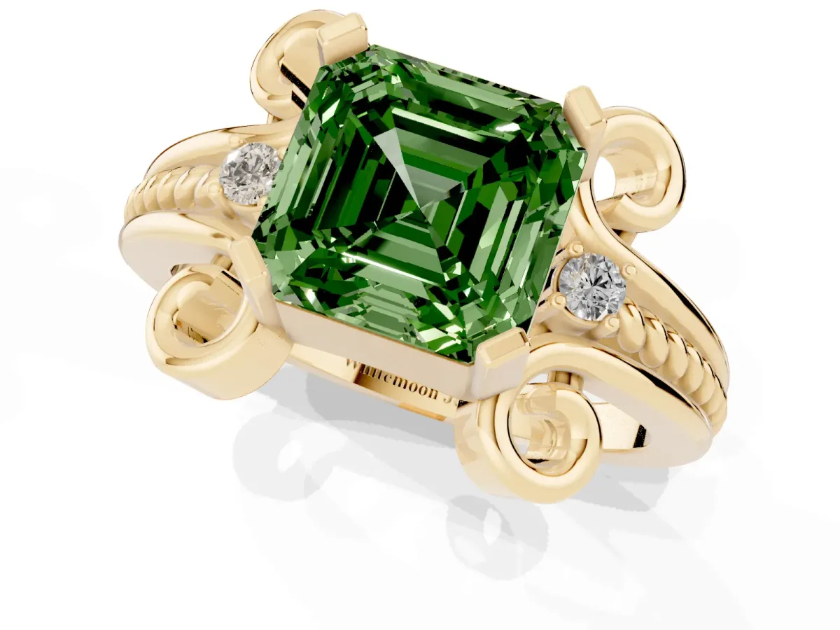 Fancy Green Asscher Cut Solitaire Twisted Band Scroll Prong Ring Yellow gold