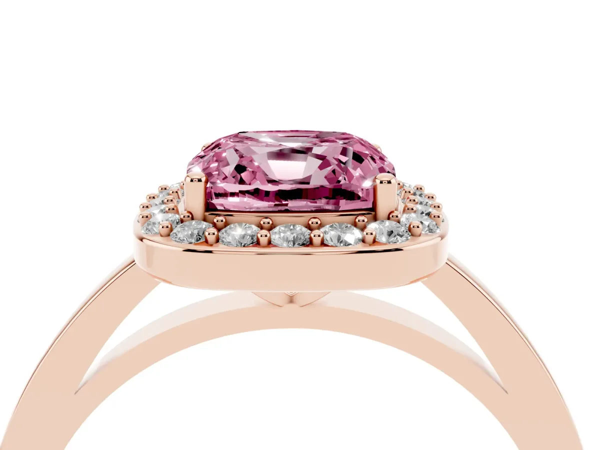 Fancy Pink Cushion Cut Halo Diamond Ring with Solitaire Band and Prong Setting Rose gold