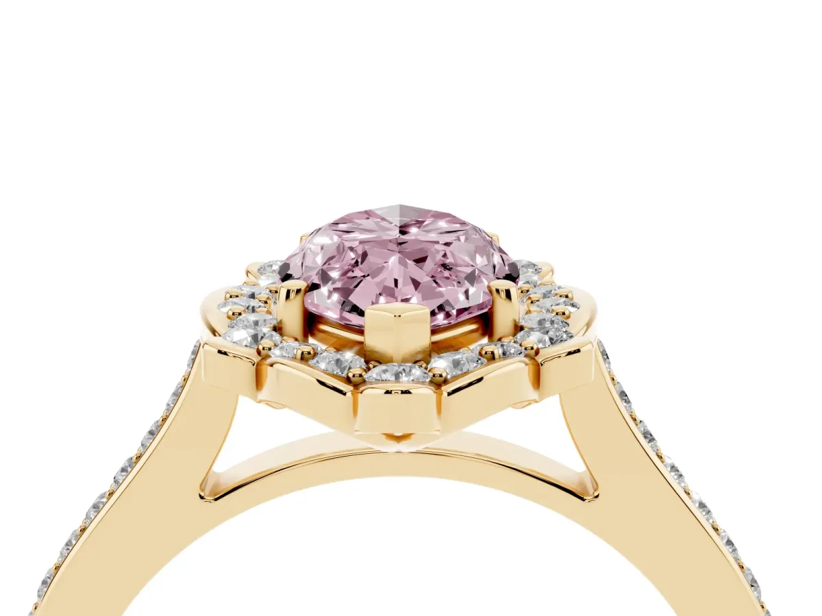 Fancy Pink Marquise Cut Halo Round Diamond Pave Band with Four-Prong Setting Yellow gold