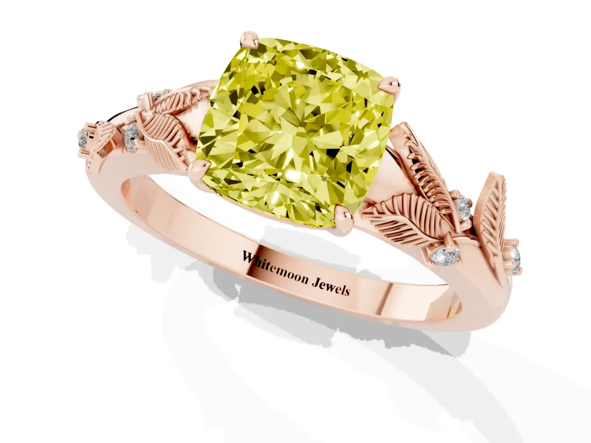 Fancy Yellow Cushion Cut Diamond Solitaire Ring with Leaf Motif Band and Four-Prong Setting Rose gold