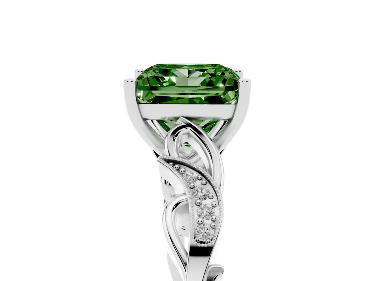 Fancy Green Princess Cut Solitaire Vine Band with Milgrain Prong Setting Silver