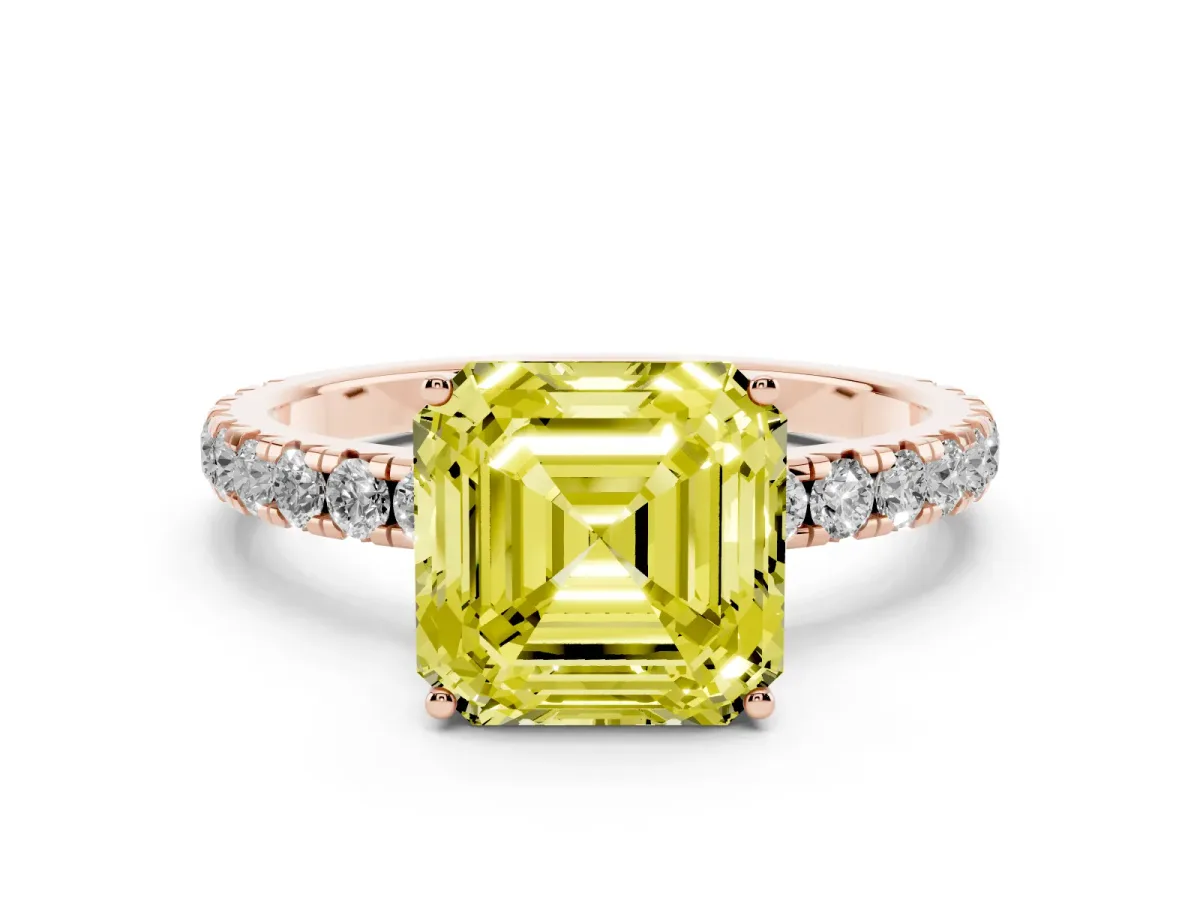 Fancy Yellow Asscher Cut Diamond Pavé Solitaire Engagement Ring with Four-Prong Setting Rose gold